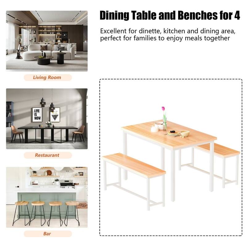 Eureka Industrial 3-piece Dining Set, Modern Kitchen Dining Table with Two Benches for Home, Kitchen, Dining Room, Bar