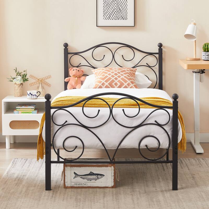Metal Platform Bed Frame Graceful Scroll Black Iron Bed Frame No Box Spring Needed Platform Bed Frame - Twin