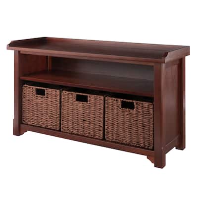Milan 4-Pc Storage Bench with 3 Foldable Woven Baskets, Walnut - 40 x 14.17 x 22.05 inches