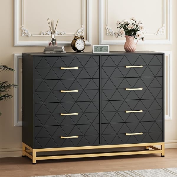 Dresser TV Stand, 8 Drawer Dresser for Bedroom, Wooden Chest of Drawers - Black - 8-drawer