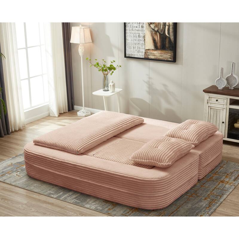 Convertible Floor Sofa Bed with Chaise Lounge, Corduroy 3-in-1 Sofa, Sofa to Bed with Dual-Purpose Blanket, No Assembly Required