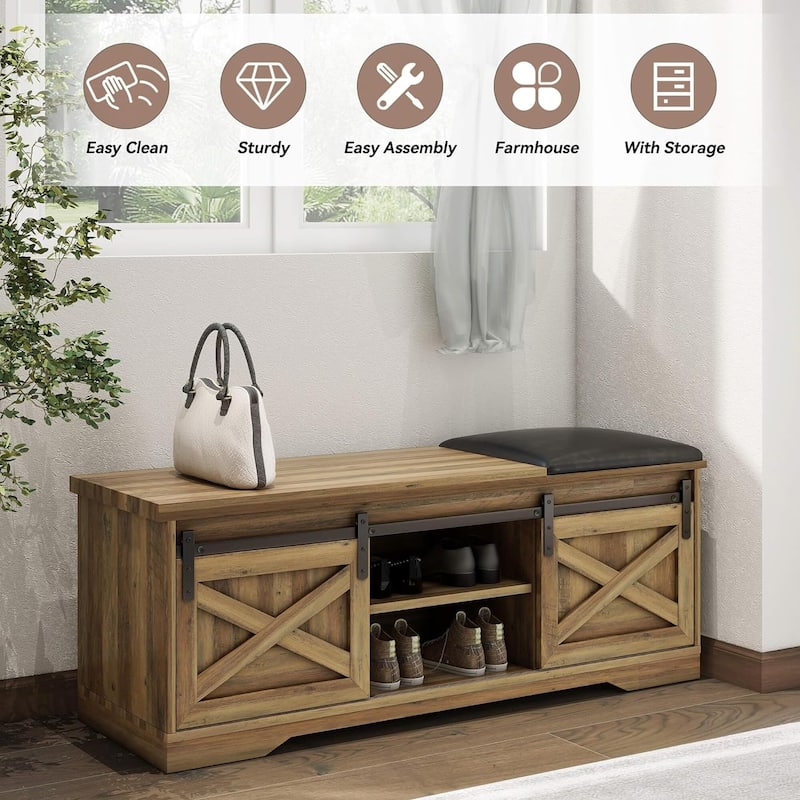 WESOME 47 inch Shoes Bench with Sliding Barn Door Storage Cabinet and Adjustable Shelves - 47.24"Lx15.35"Dx18.7"H