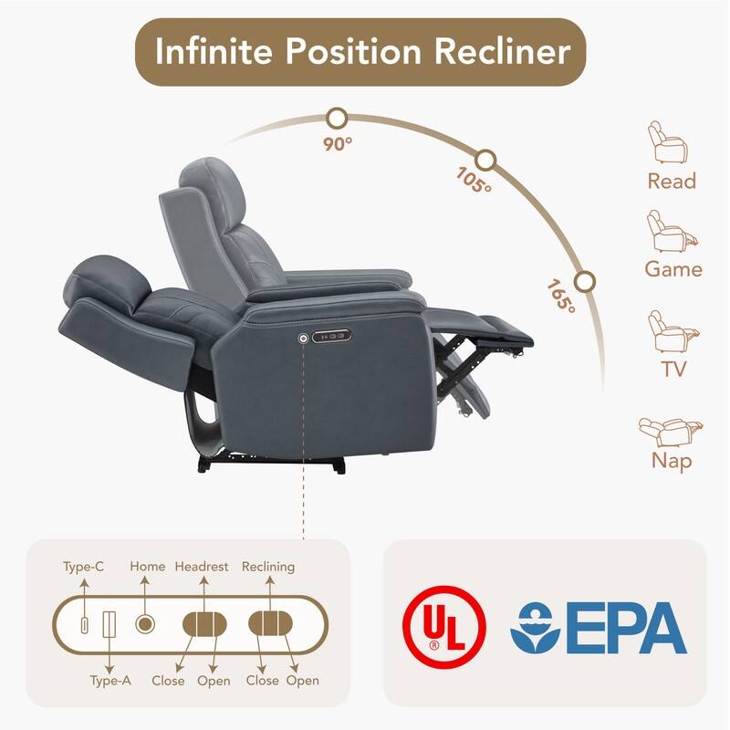 Spruce & Spring Dual Motors Genuine Leather Power Lay Flat Recliner with Power Headrest