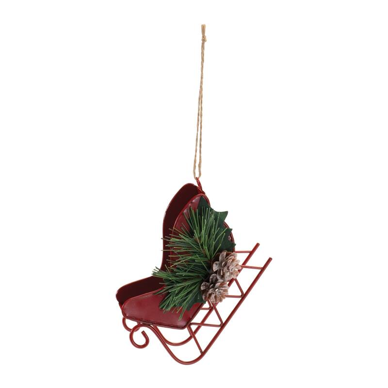 Set of 12 Red Green Metal Sleigh Ornaments for Christmas Tree - 4.25” x 2” x 4”