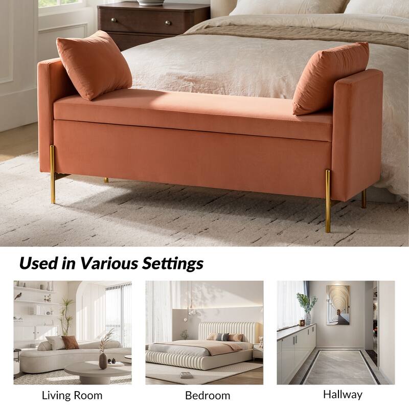 Angelus Modern 56''W Upholstered Flip Top Storage Bench withTwo Pillows and Arms by HULALA HOME