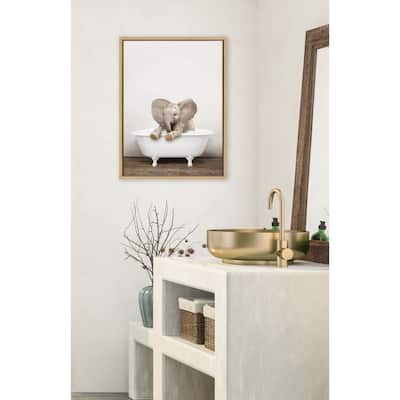 Kate and Laurel Baby Elephant Bath Framed Canvas by Amy Peterson