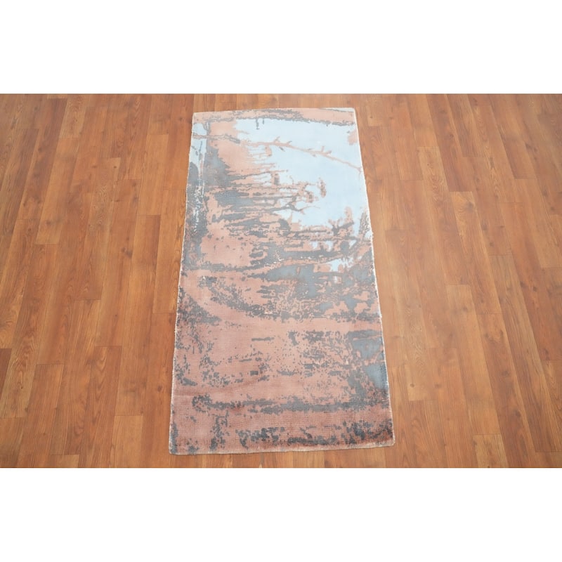 Hand Knotted Oriental Viscose Silk Carpet Modern Abstract Multi-Colored Abstract Area Rug - 4' 0'' X 2' 0''