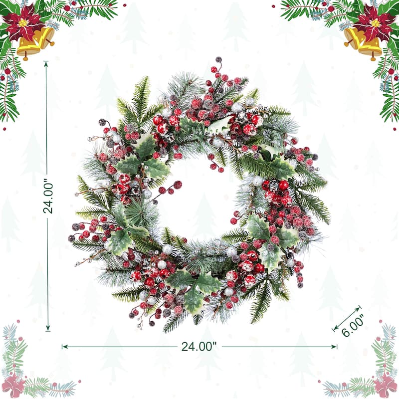 Glitzhome Christmas 5-Piece Set with Berry Leaf Wreath, Teardrop and 4/5ft Potted Trees for Entrance Decoration