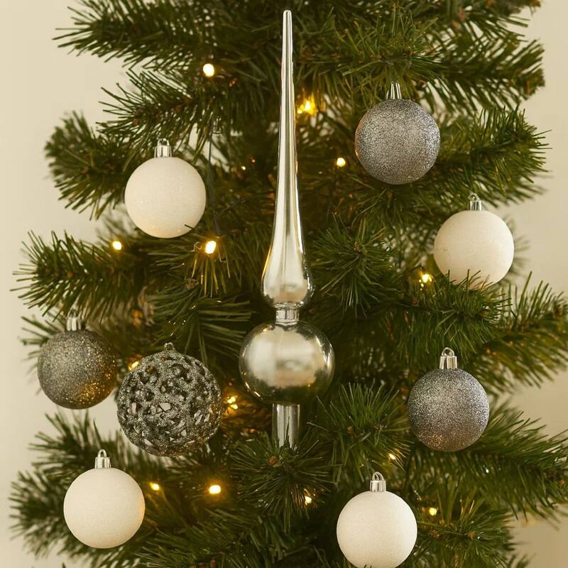 61pc Christmas Ornament Set w Topper, LED String Lights, White Silver