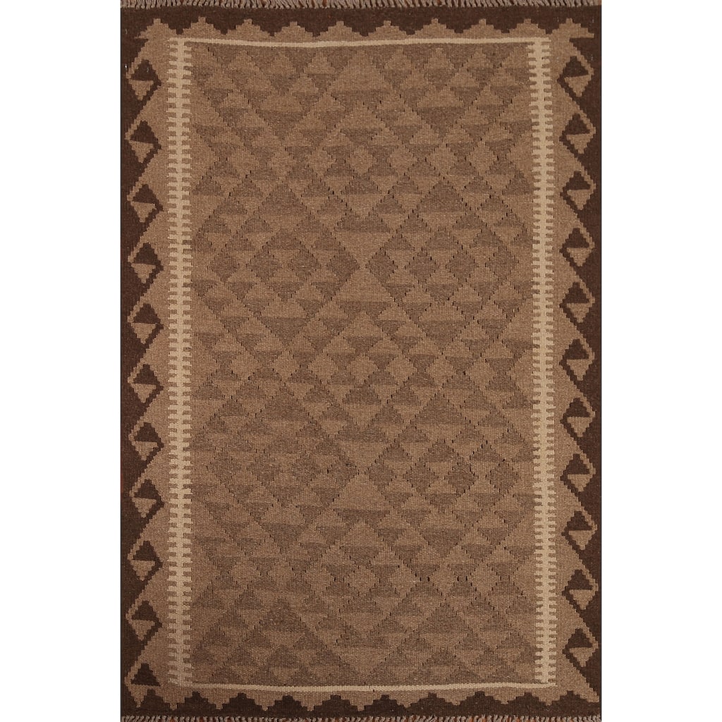 Reversible Brown Kilim Oriental Area Rug Hand-woven Wool Carpet - 3'3" x 4'11"