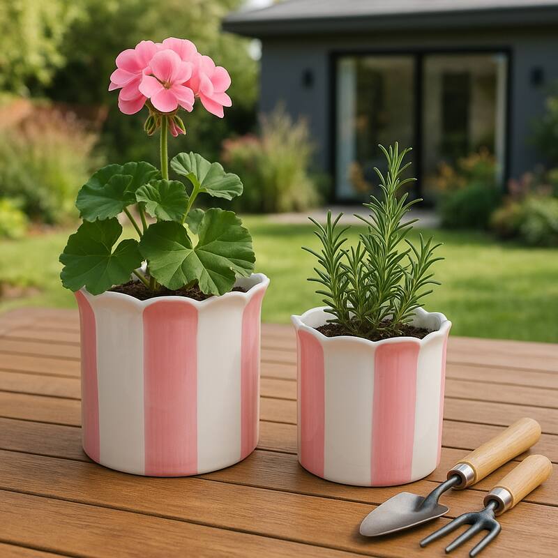 Ceramic Striped Flower Pots with Scalloped Edge - Set 2, 8", 6" - 8.0"