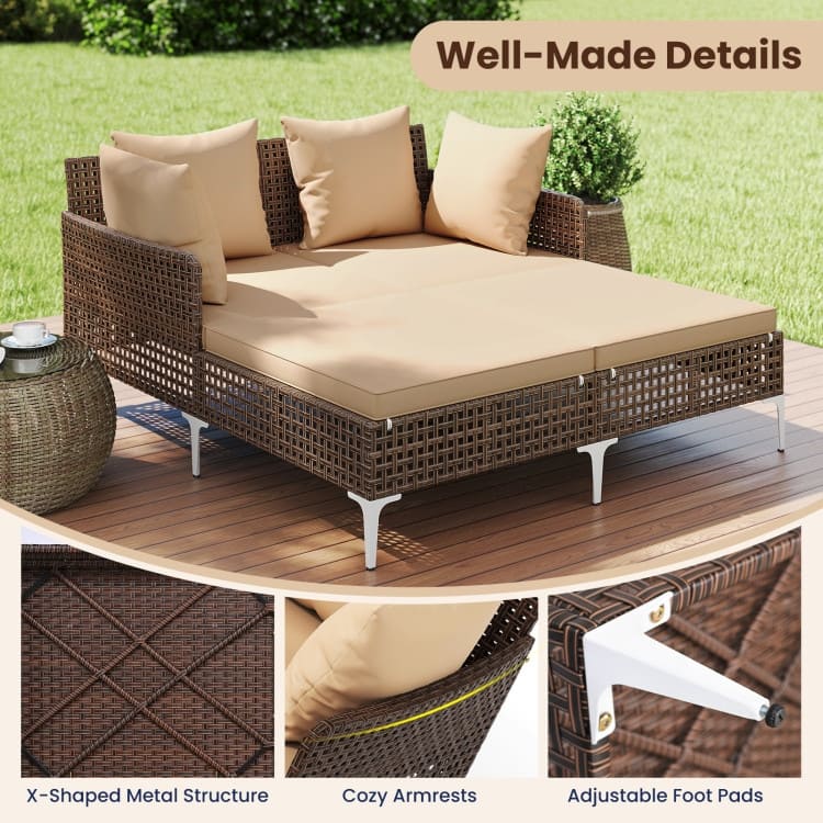 Mix Brown Rattan Day Bed with Cushions Outdoor Lounger - 60" x 52.5" x 27.5"