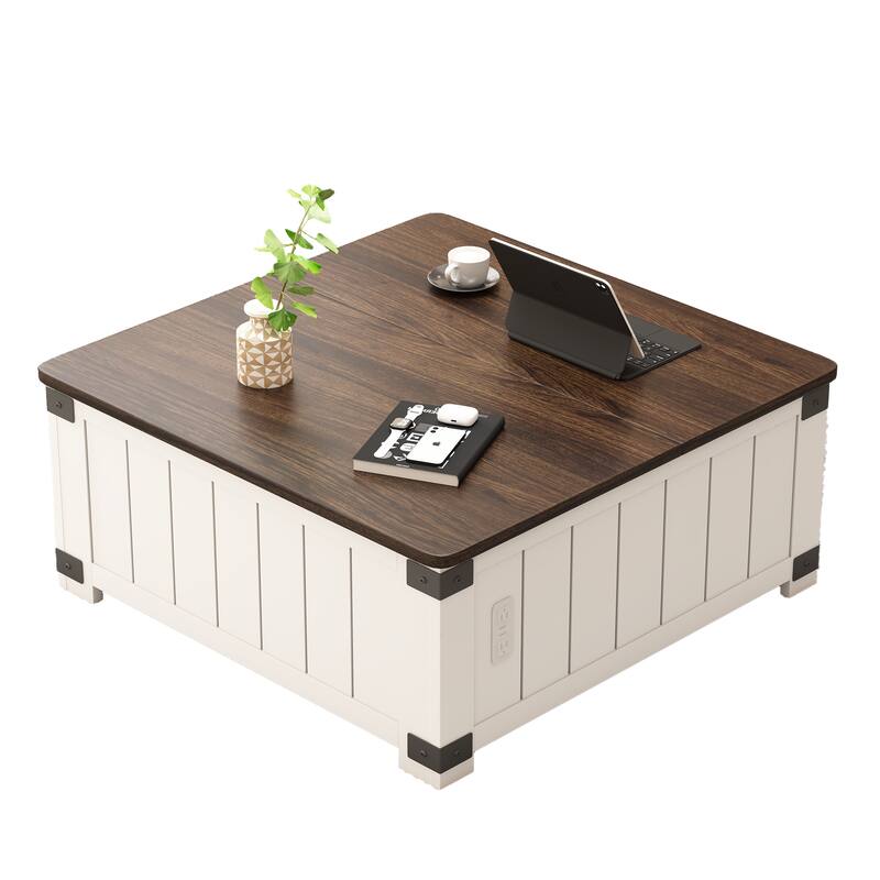 Farmhouse Lift-Top Coffee Table with Storage, USB Ports, and Charging Station