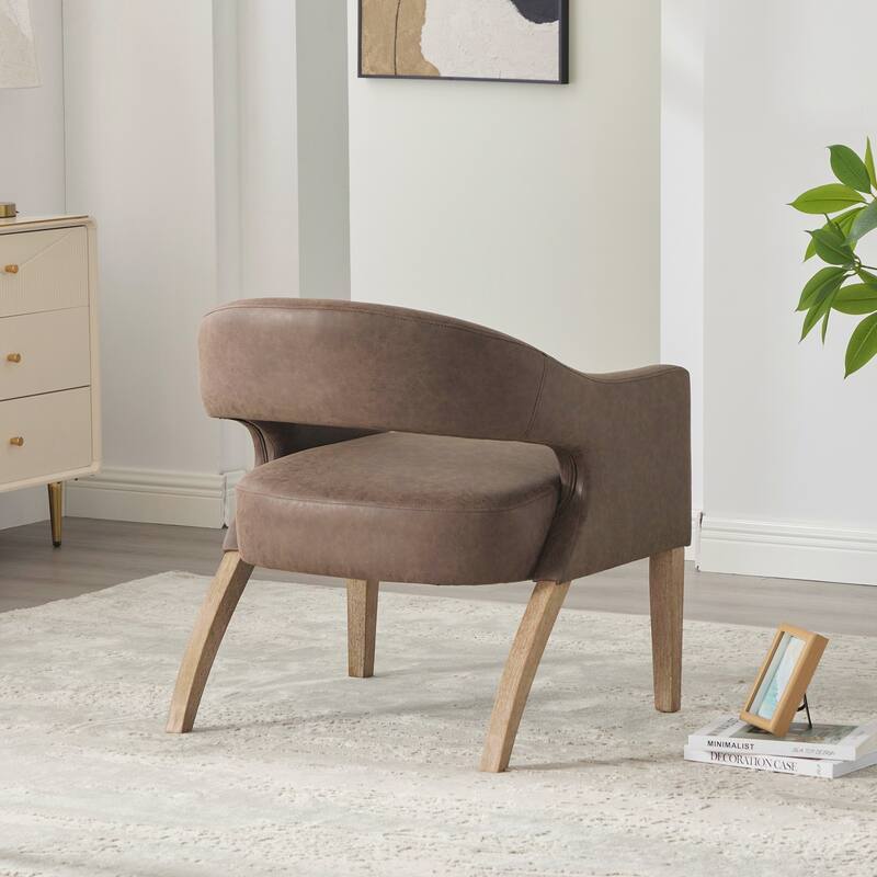 Modern Upholstered PU Open Back Accent Armchair Barrel Dining Chair with Weathered Rubberwood Legs