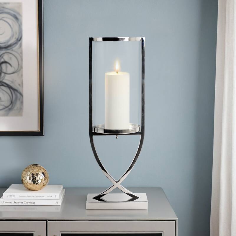 Modern Glass Pillar Candle Holder Decorative Lantern with Steel Frame