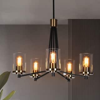 Modern 5-Light Black Gold Wheel Chandelier Cylindrical Seeded Glass Pendant Lights for Dining Room
