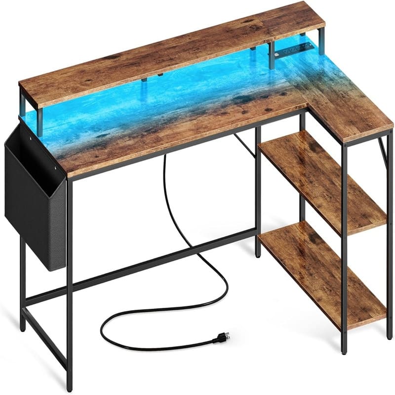 L Shaped Gaming Desk with LED Lights - Rustic Brown