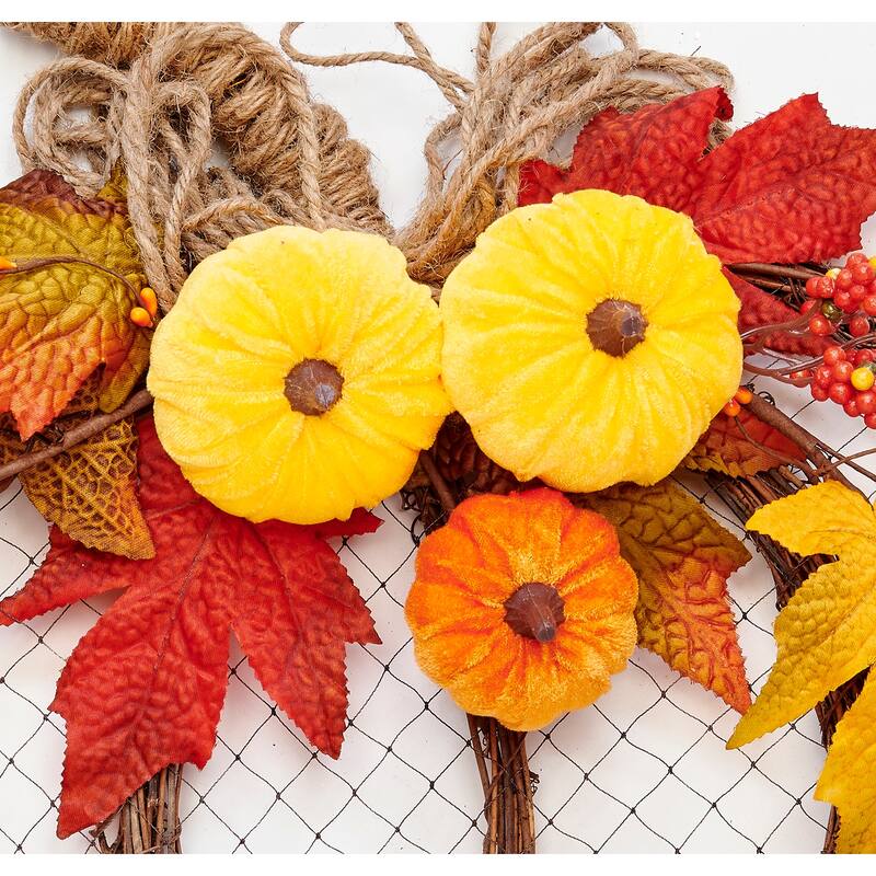 18" x 16" Flat Rattan Velvet Pumpkin Hanging Twig Décoration - 18