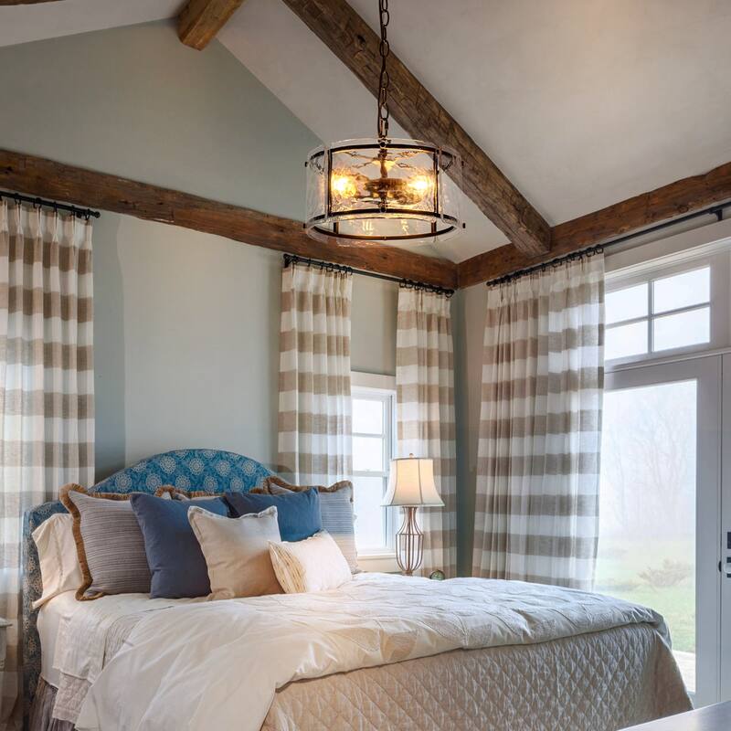 3 - Light Farmhouse Lantern Ripple Glass Drum Chandelier