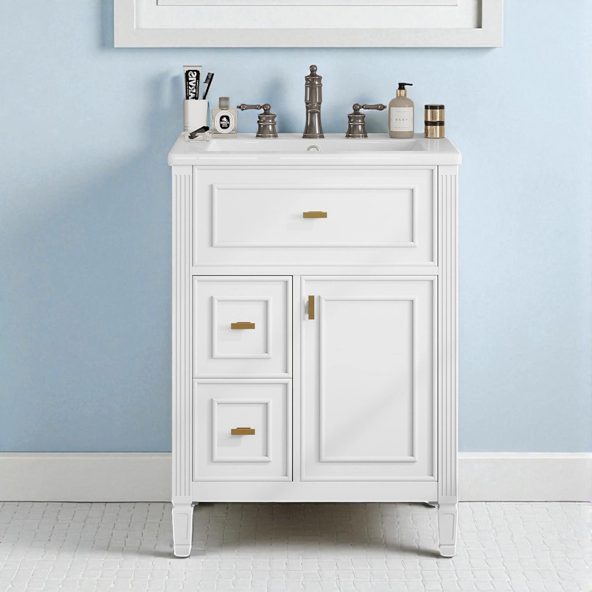 24" Bathroom Vanity with Sink, Flip Drawer and Storage Cabinet, Ceramic Top, Solid Wood Frame and Soft Close Design