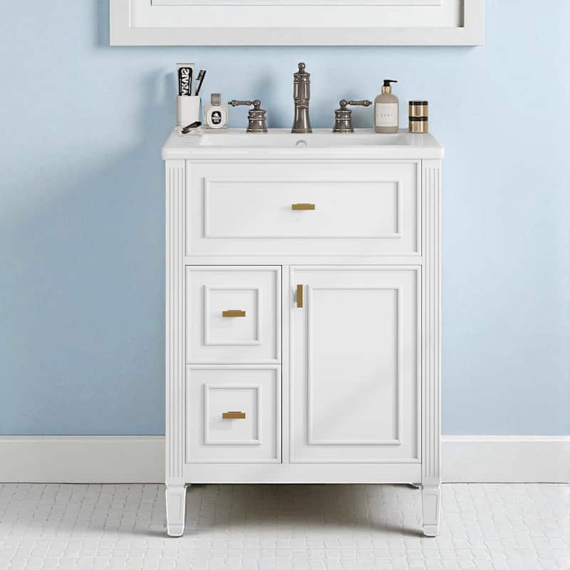 24" Bathroom Vanity with Sink, Flip Drawer and Storage Cabinet, Ceramic Top, Solid Wood Frame and Soft Close Design - White