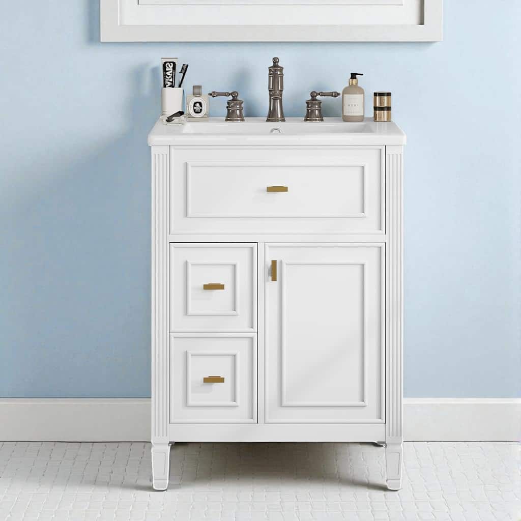 24" Bathroom Vanity with Sink, Flip Drawer and Storage Cabinet, Ceramic Top, Solid Wood Frame and Soft Close Design