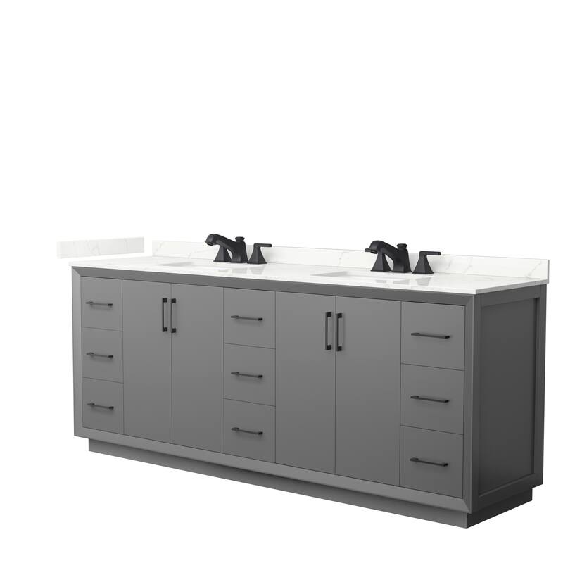 Strada 84-inch Double Vanity, Quartz Top - Dark Gray, Black Trim, Giotto Quartz Top