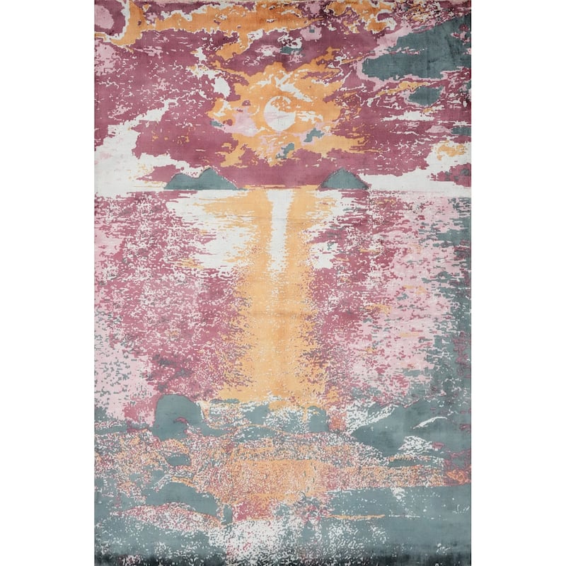 Hand Knotted Oriental Viscose Silk Carpet Modern Pictorial Multi-Colored Abstract Area Rug - 7' 11'' X 5' 8''