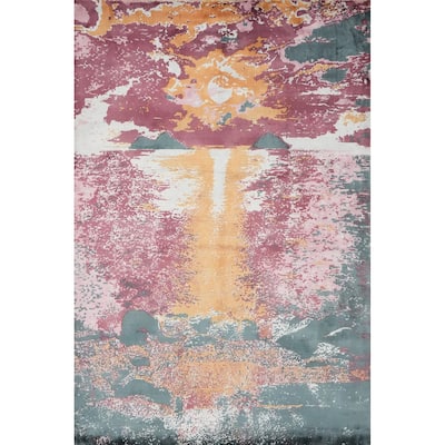Hand Knotted Oriental Viscose Silk Carpet Modern Pictorial Multi-Colored Abstract Area Rug - 7' 11'' X 5' 8''