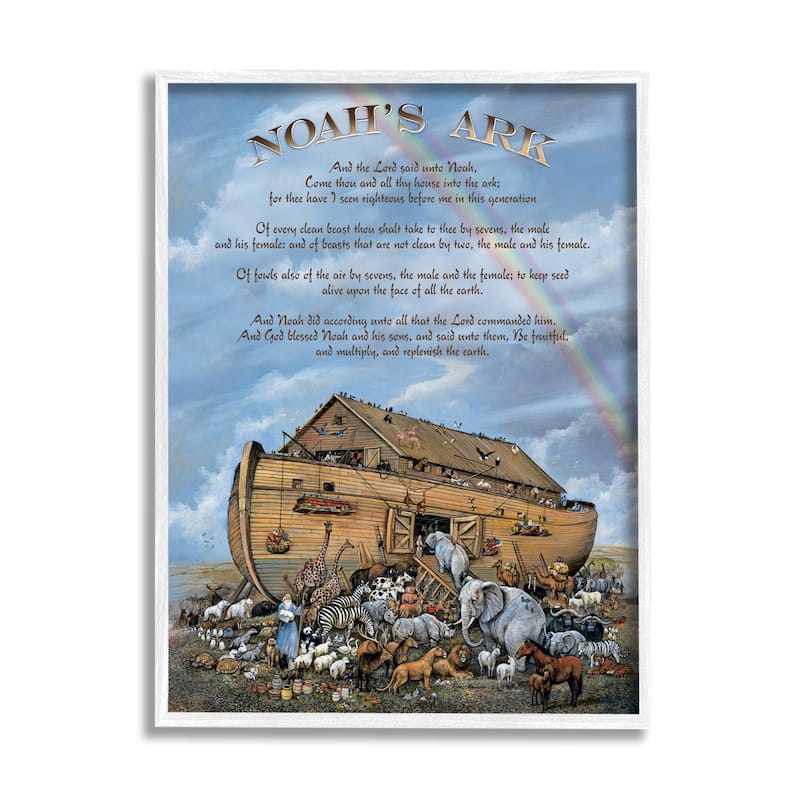 Stupell Noah's Ark Traditional Animal Illustration Faith Based Text Framed Wall Art - Multi-Color - 11 x 14 - White