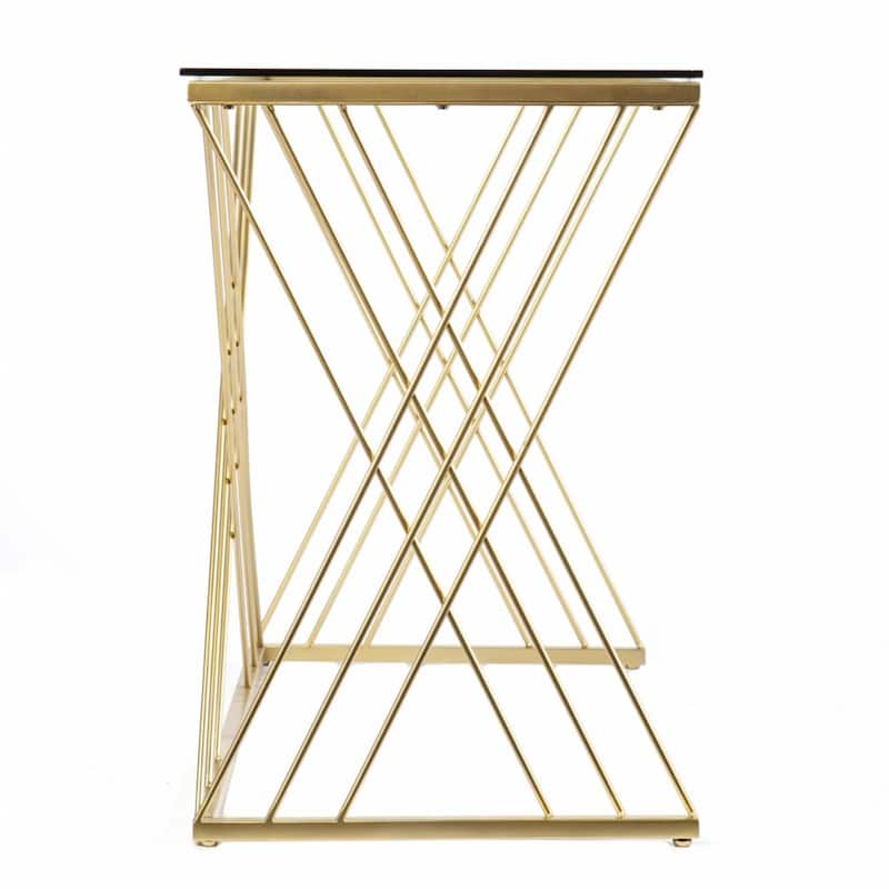 Clear Glass Gold Metal Writing Desk with Shelf and Rectangular Glossy Finish