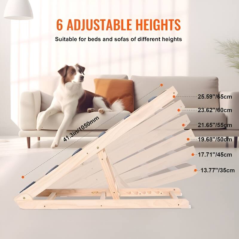 Natural-Black Wood Dog Ramp with 6-Level Adjustable Height - 41.33” L x 15.7” W x 25.59” H