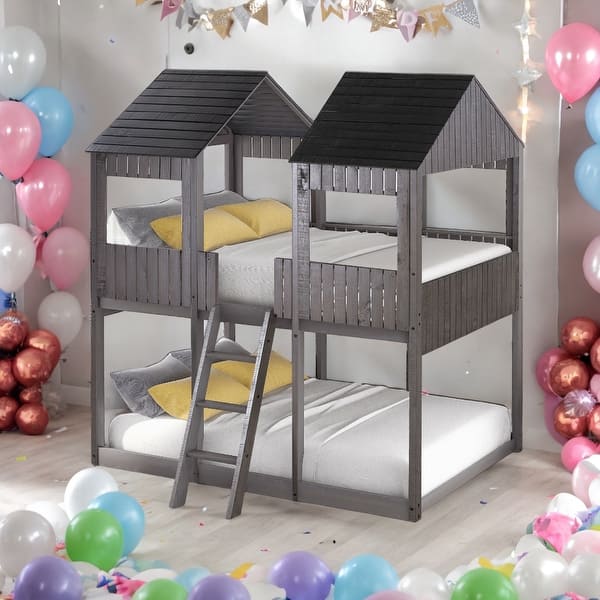 slide 2 of 9, Full Over Full Bunk Bed With Roof,Window,Guardrail And Ladder for Home Antique Grey