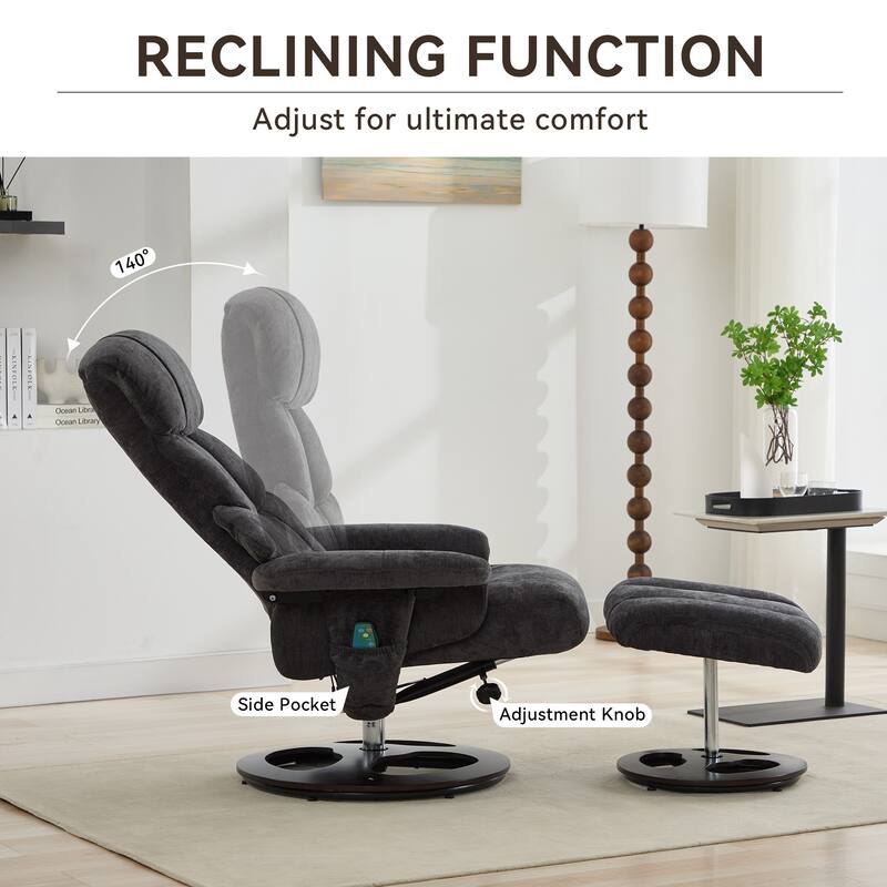 Recliner Chair with Ottoman, Modern 360° Swivel Lounge Chair with Footstool, Chenille Fabric, 5 Point Vibration Massage