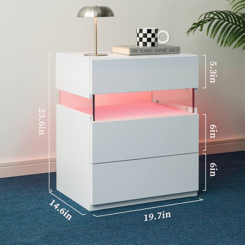3-Drawer LED Nightstand, Multifunctional Bedside Table