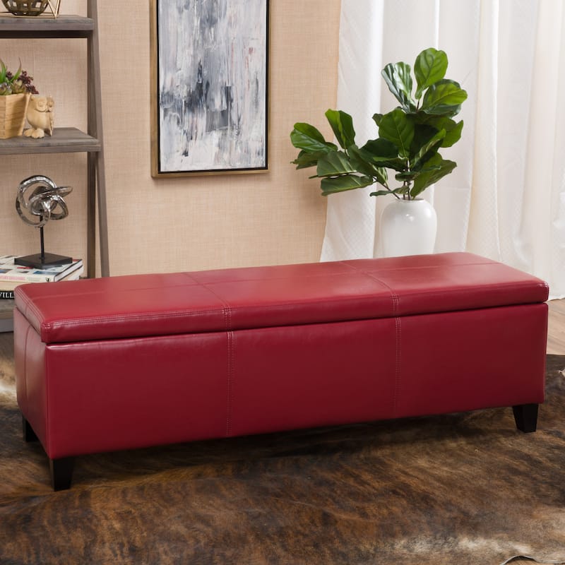 Leather Upholstered Storage Bench Indoor Bench, Ottoman Bench Makeup Bench with Safety Hinges for Mudroom Bedroom - Red