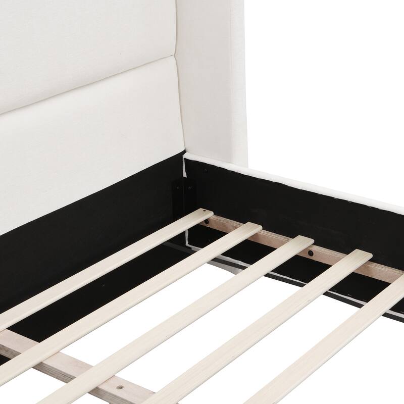 Elegant White Fabric Upholstered Bed with Tall Headboard, White