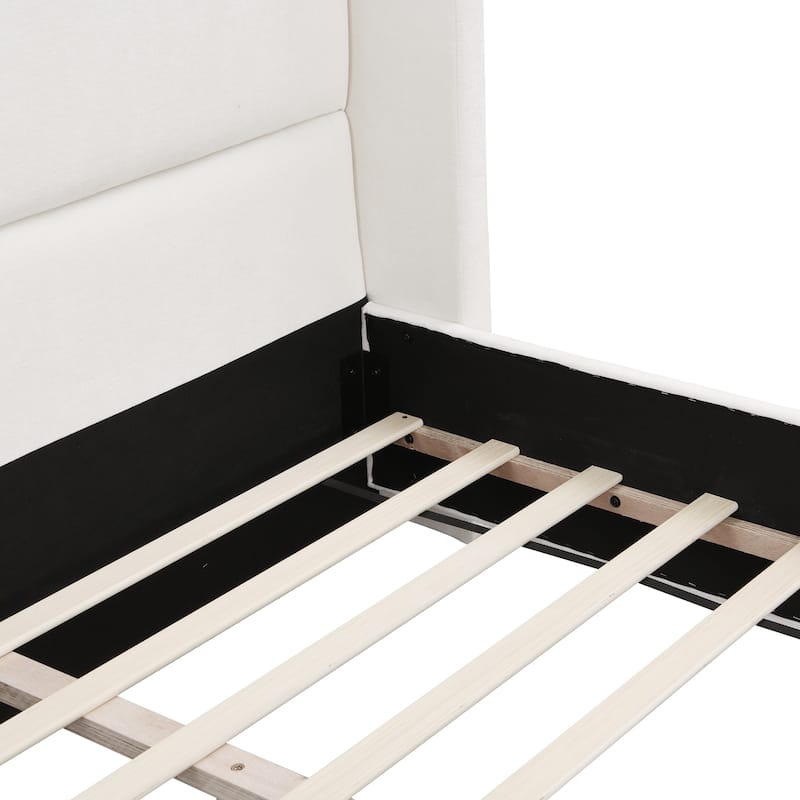 White Upholstered Platform Bed Frame with 49.6" Tall Wingback Headboard for Bedroom, Wood Slats Support, No Box Spring Needed