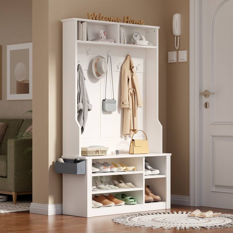 39.37'' W Hall Tree, 3 in 1 Entryway Bench with Coat Rack and Shoe Storage