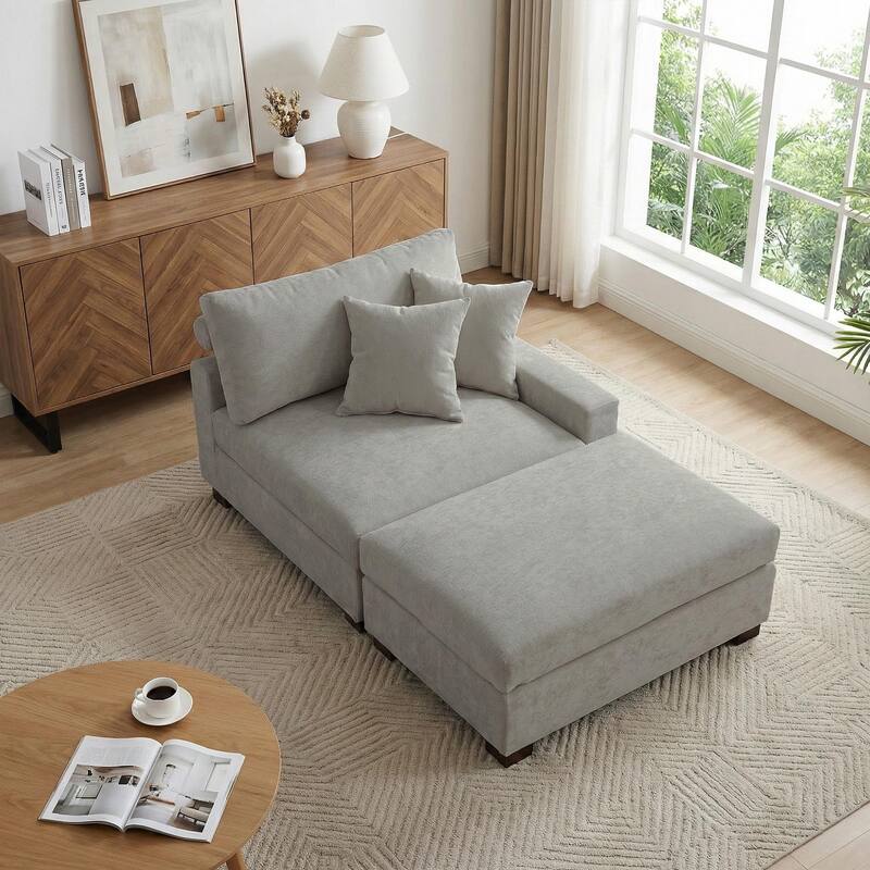 Modern Chenille Chaise Lounge Set with Ottoman
