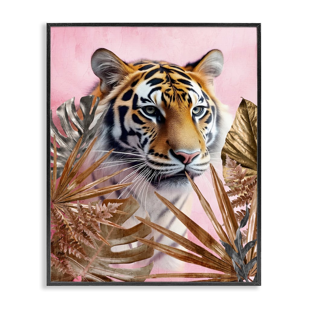 Stupell Exotic Tiger with Gold Leaves Framed Giclee Art Design By Kim Allen