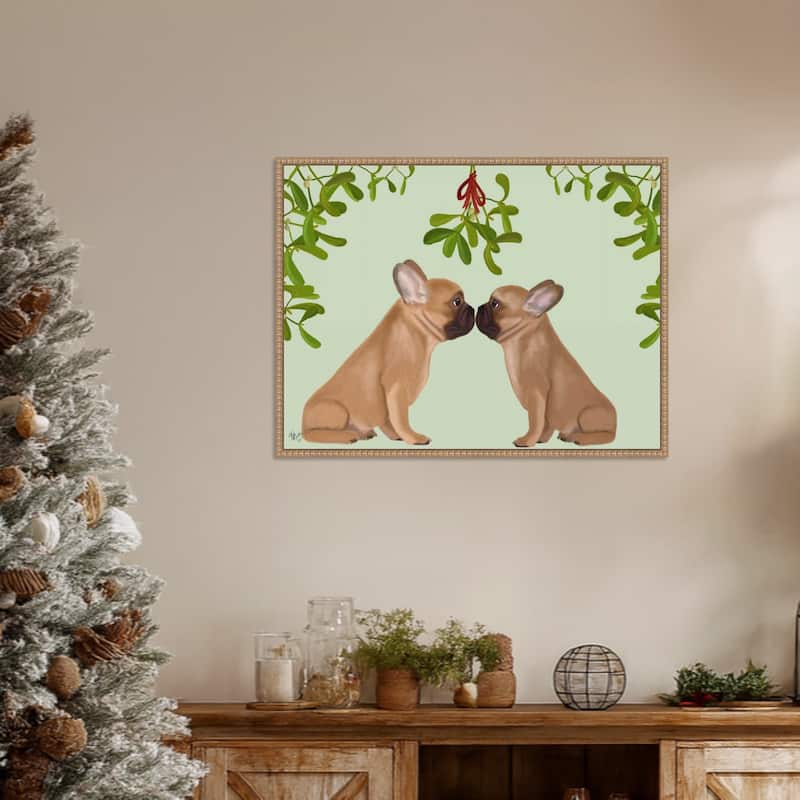 French Bulldogs and Mistletoe by Fab Funky (30 x 23 in.), Framed Canvas Wall Art Print - Sylvie Beaded Rustic Natural