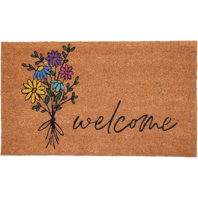 HomeRoots 17" X 29" Brown Black And Green Floral Bouquet Welcome Outdoor Coir Door Mat - 17.00' X '29.00