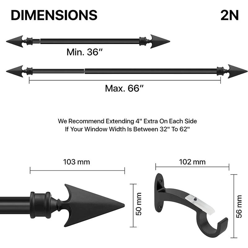 Deco Essential 3/4 Inch Curtain Rod for Windows & Doors Curtains Extendable Grey with Flat Arrow Finials & Brackets Set