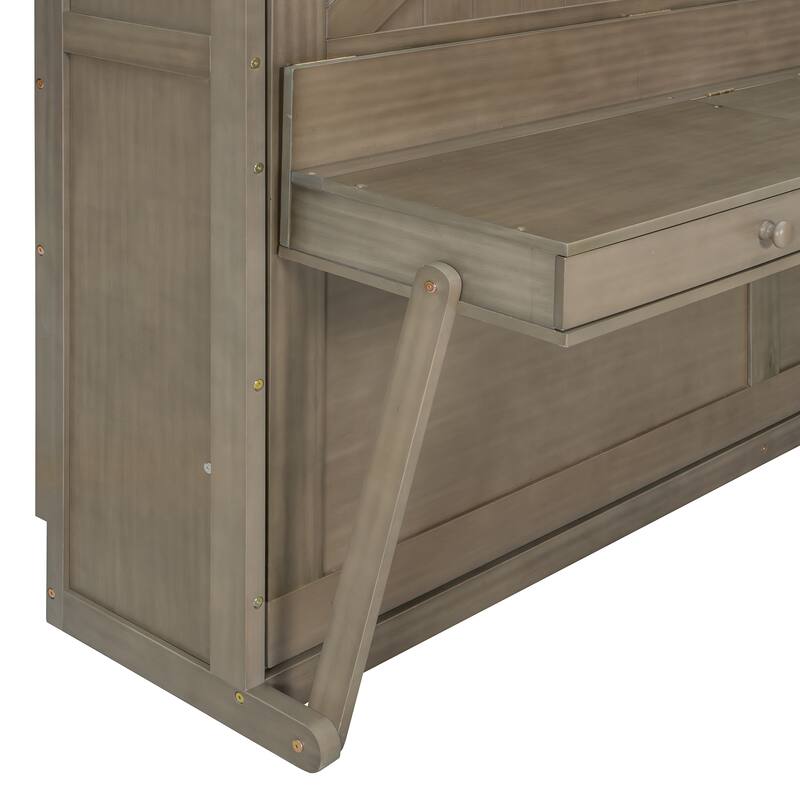 Space-Saving Queen Murphy Bed with Vanity Desk, Mirror & Storage Drawers in Distressed Gray