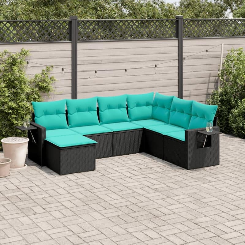 vidaXL 7 Piece Patio Sofa Set with Cushions Black Poly Rattan - 21.7x27.2x24.4-Without table