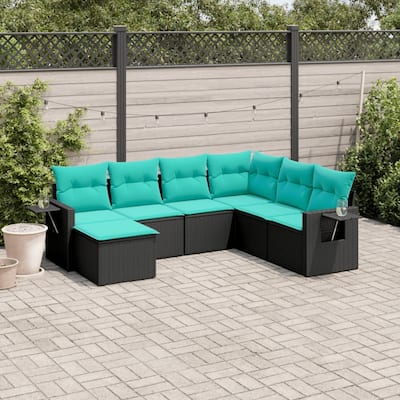 vidaXL 7 Piece Patio Sofa Set with Cushions Black Poly Rattan