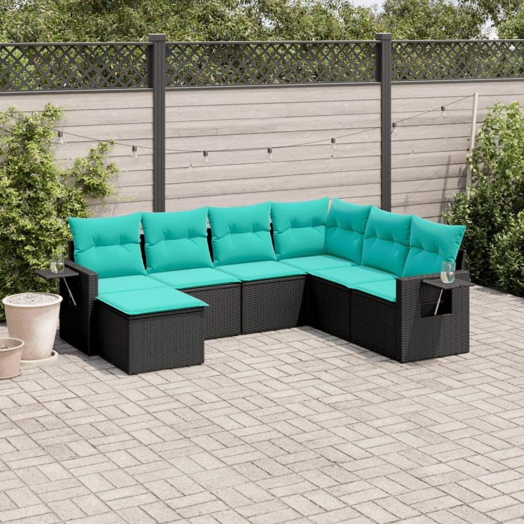 vidaXL 7 Piece Patio Sofa Set with Cushions Black Poly Rattan