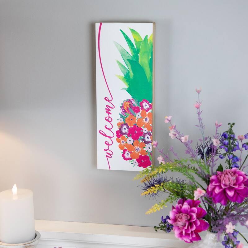 Floral Pineapple Welcome Wooden Wall Sign - 13"