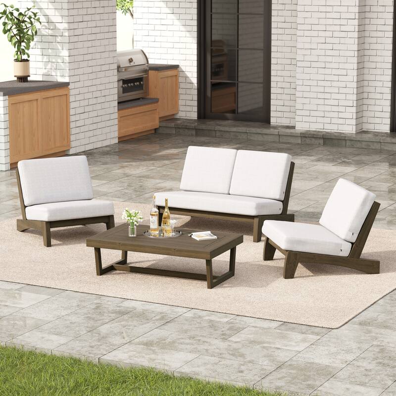 4 Set Outdoor Patio Teak Wood Club Chairs Loveseat with Cushion